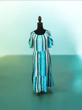 Greece Boutique Striped Teal Blue and White Ruffle Maxi Dress 1